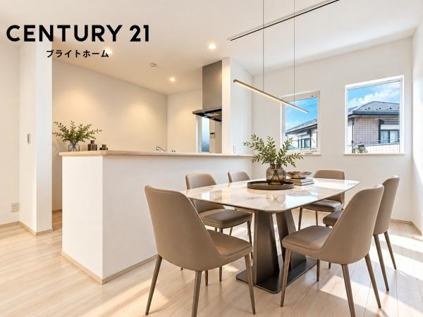 横浜市港南区港南１丁目の新築一戸建の居間・リビング|対面式のキッチンはお料理中でも家族とのお話も弾みます。
※家具等はCGでの参考レイアウトです。
