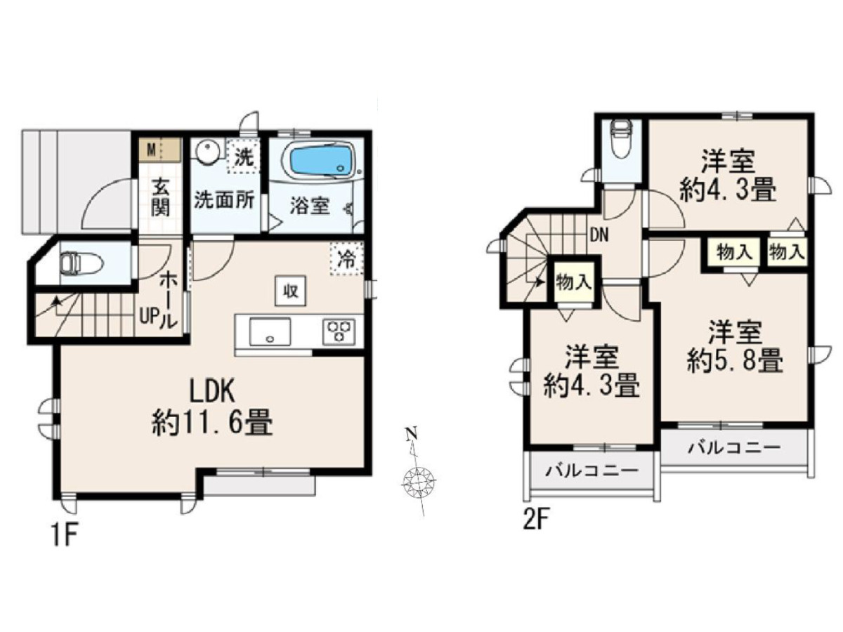 東久留米市南沢1丁目の間取り|広々としたLDK約11.6帖に加え、2階には洋室3部屋を確保♪全居室に収納スペースがあり、家族それぞれのプライベート空間も大切にできる3LDKのお住まいです！