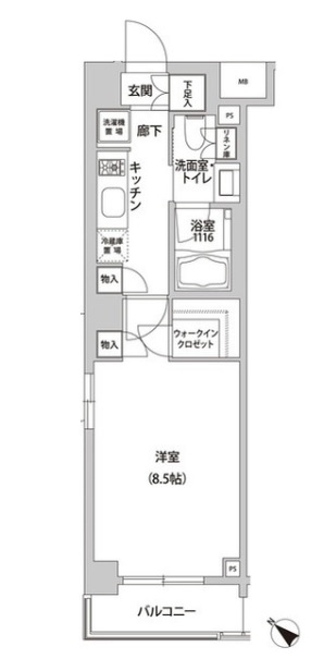 エミネンスガーデン鵜の木の間取り|南西向きバルコニー角部屋2面採光！洋室8.5帖ウォークインクローゼット付きの1K