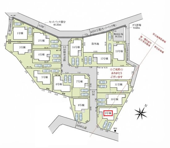 入間市高倉5丁目・全15棟　新築一戸建　9号棟の区画図|【全15棟・9号棟】
並列駐車2台可、日当たり・通風良好な南西角地です。