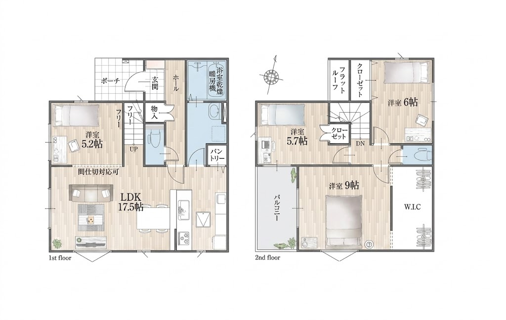 越谷市弥栄町４期１号棟　新築戸建の間取り|日当たりや風通しを考慮して設計された快適な4LDK。一年を通して爽やかで温かい住空間が広がります。