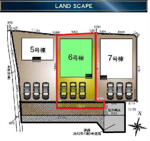 新築　前橋市青柳町第27　クレイドルガーデン　6号棟の区画図|6号棟　区画図　南側接道幅員約6ｍ
