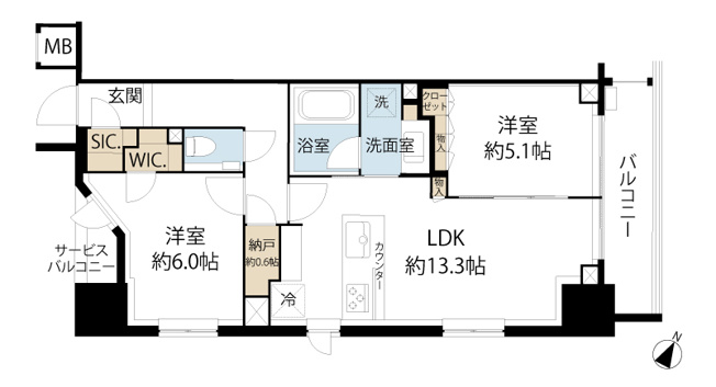 【間取り】 | シティハウス目黒ザツインSOUTH棟 | 約13.3帖のLDKを中心に全居室収納を備えた2LDK！荷物がすっきり収まり広々と活用いただけます♪