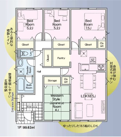 新築　前橋市青柳町第27　クレイドルガーデン　7号棟の間取り|建物面積99.63㎡　広々18.5帖のリビングの4LDKのお家の平屋♪パントリー・各部屋収納付きで便利です！