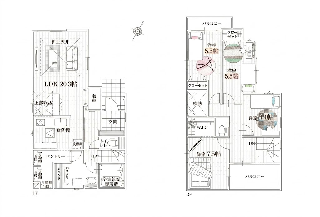 越谷市恩間１０期１号棟リガーレ　新築戸建の間取り|2世帯での居住やテレワークにも対応可能な4LDK。プライバシーを守りながら快適に暮らせる住まいです。