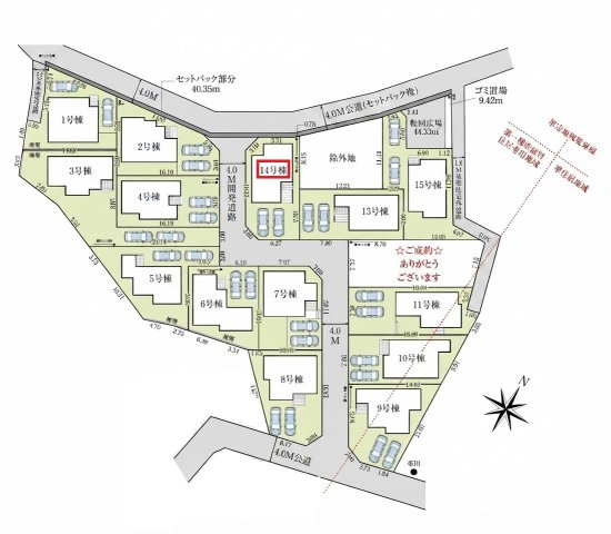 入間市高倉5丁目・全15棟　新築一戸建　14号棟の区画図|【全15棟・14号棟】
並列駐車2台可、日当たり・通風良好な北西・南西角地です。