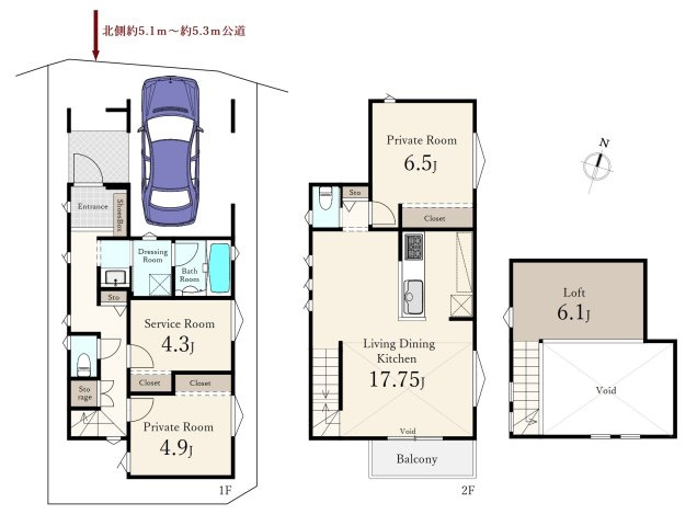 新宿区中井2丁目 限定1棟の間取り|3LDK、土地面積83.86m2、建物面積83.78m2 、固定階段式ロフト、カースペース付