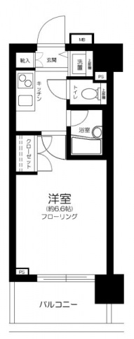 クレイシア池上リフィールの間取り|洋室6.6帖の1Kバストイレ別