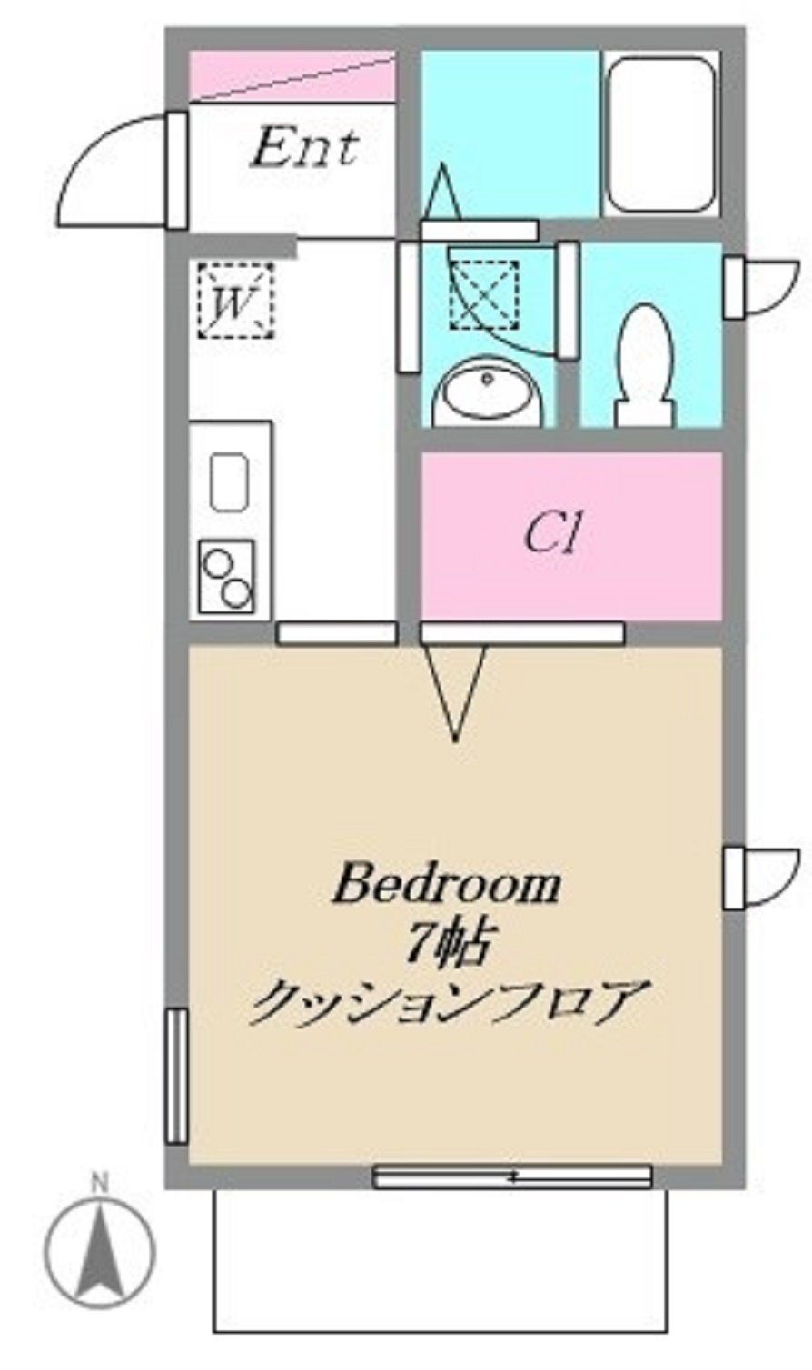 プラージュの間取り|南向きバルコニー南東角部屋の1K洋室7帖
ウォークインクローゼットと独立洗面台がポイント！