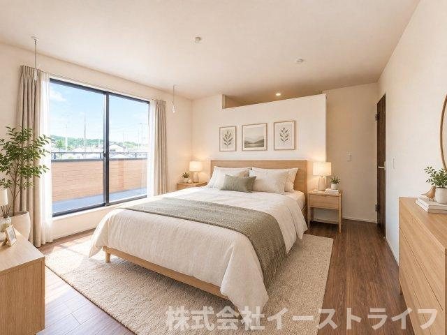【新築戸建】　いわき市久之浜町第5　長期優良住宅の寝室|寝室に家具を配置したイメージ画像です。※本画像はCGで作成しており、実際に現地に 家具は置かれておりません。また、価格に家具は含まれておりません。