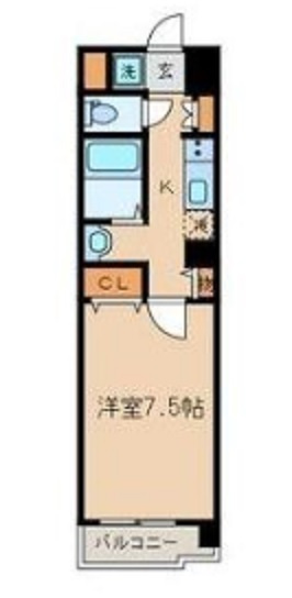 コンフォートM多摩川の間取り|南向きバルコニーの1K洋室7.5帖バストイレ別独立洗面台