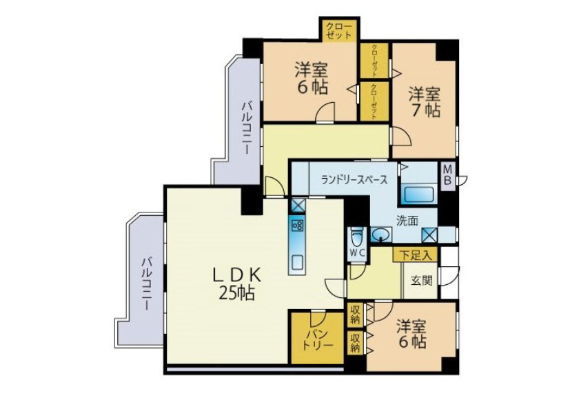 リヴィエール戸畑の間取り|ゆとりある3SLDKの間取り！居室に加えてサービスルームもあり、収納や趣味のお部屋など多目的に活用できます♪