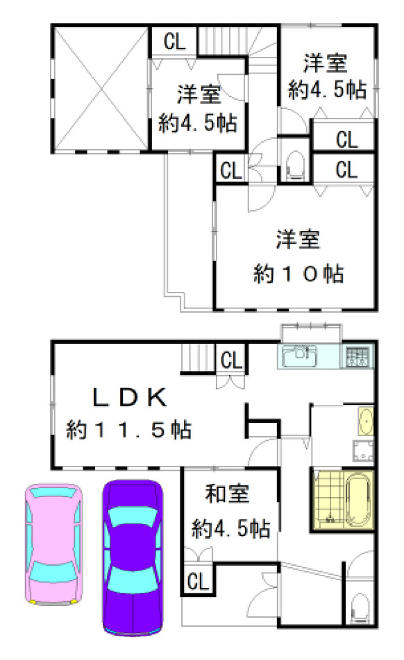 駐車並列2台　土山駅徒歩18分　魚住町清水　中古戸建の間取り