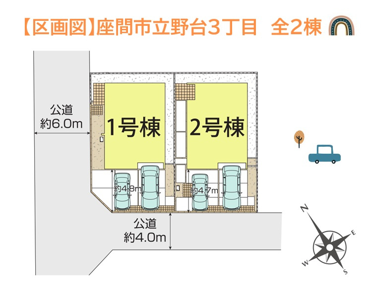 座間市立野台3丁目　全2棟　1号棟の区画図|お車出し入れスムーズ！並列駐車２台確保しております。複数所有のご家族も安心ですね。