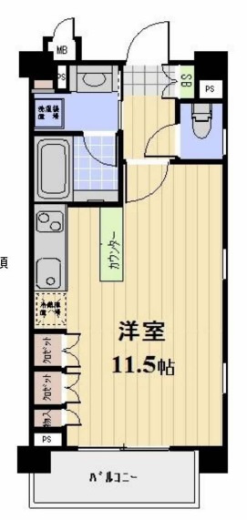 プロスペクト大森海岸の間取り|北東2面採光の角部屋広々11.5帖カウンターキッチンの1Rバストイレ別独立洗面台付！