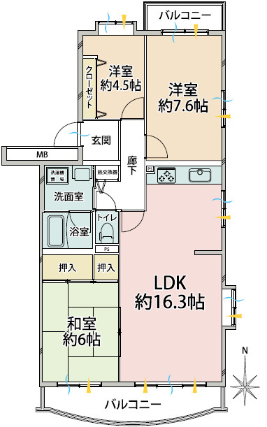 ■3LDK、専有面積：74.37平米、バルコニー面積：14.72平米