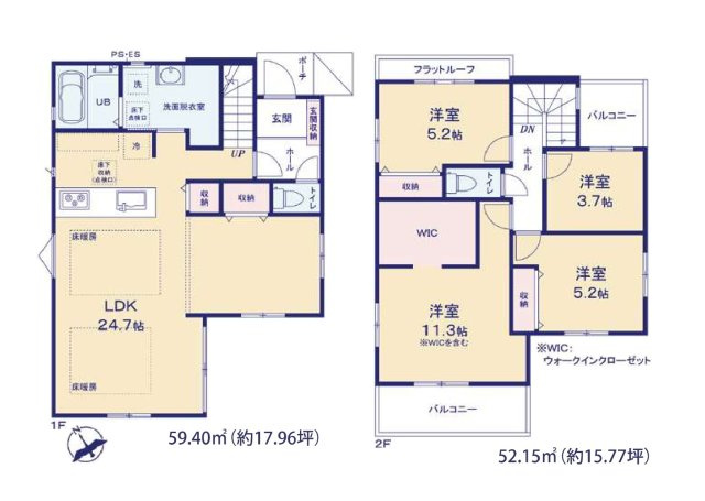 福岡市東区土井2丁目第3-4棟（1号棟）の間取り|全居室収納付きで便利です。