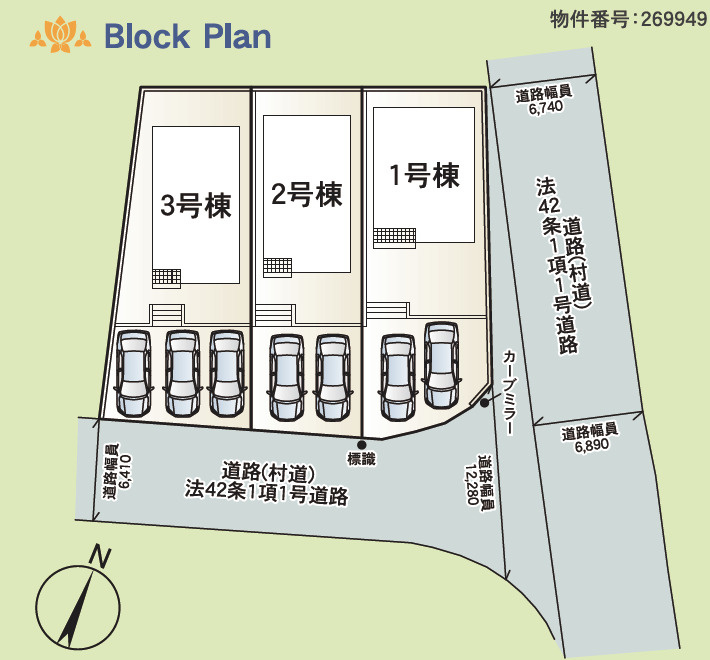 クレイドルガーデン読谷村大木　第４・３号棟の区画図|区画図／接道状況：南側6.4ｍ～12.28ｍ公道