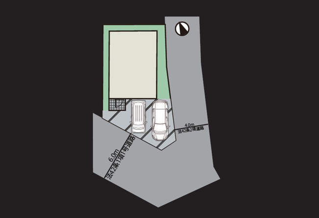 【区画図】 | 富士見市大字水子　新築一戸建住宅　限定1棟（ふじみ野店） | 角地につき、開放感を感じられるお住まい。カースペース2台駐車可の、ゆとりある敷地。生活施設も充実しており、便利な住環境です。