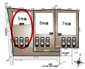クレイドルガーデン前橋市青柳町第27　5号棟の区画図|駐車場3台ご用意しています！
並列駐車なので、車の出し入れもしやすいですよ！