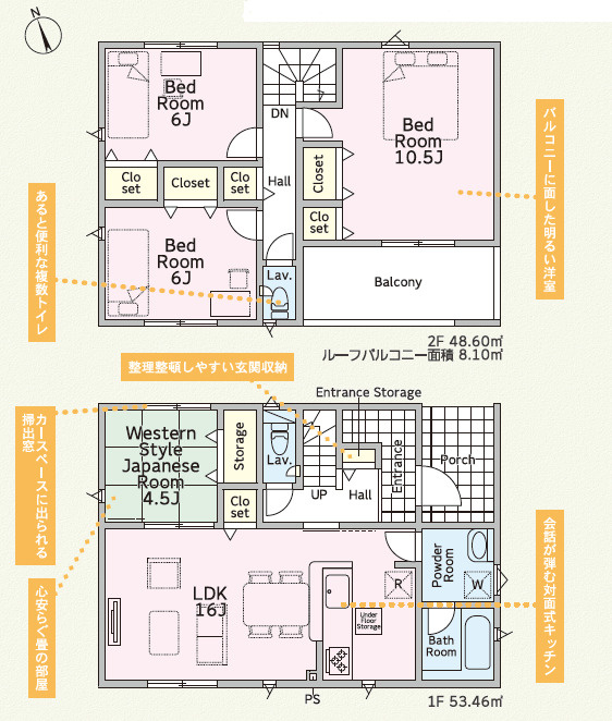 石岡市北府中第1　新築戸建の間取り|対面キッチンからリビング全体を見渡せる設計。お子様を見守りながら安心して家事ができます。