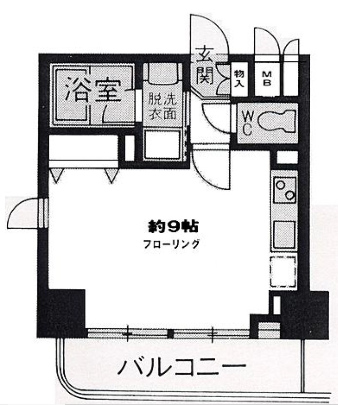 パインコート梅屋敷の間取り|西向きバルコニー北西角部屋2面採光の1R洋室9帖バストイレ別独立洗面台！