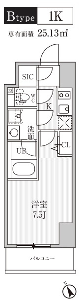 シーズンフラッツ蒲田の間取り|南向きバルコニーの1K洋室7帖バストイレ別独立洗面台！