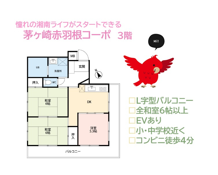 茅ヶ崎赤羽根コーポの間取り|キッチンはお料理に集中でき、且つ空間を有効利用できる壁付けタイプ◎
リビング繋がり５．３帖の洋室は、間仕切りを開放すれば一体利用も可能です♪