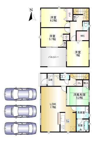 桜井市安部木材団地 第3の間取り|4LDK　土地面積:133.46㎡　建物面積：107.72㎡　駐車スペース3台