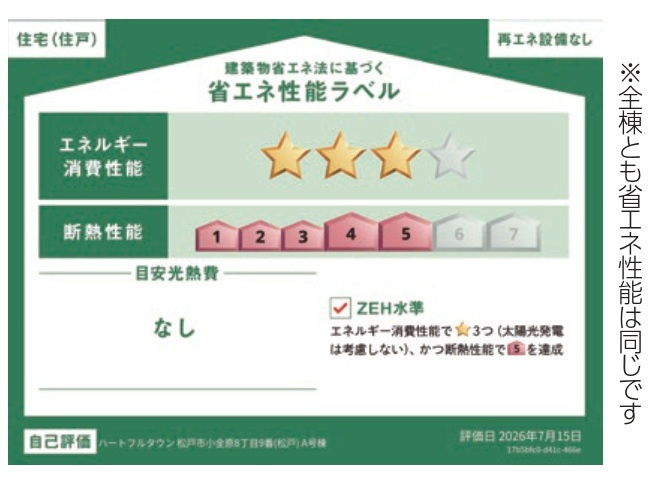 松戸市小金原８丁目新築戸建【貝の花小学校：3分】の省エネ性能ラベル|省エネ性能ラベル・ZEH水準