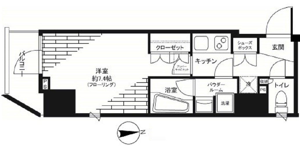 ステージファースト蒲田アジールコートⅡの間取り|南向きバルコニー南東角部屋の1K洋室7.4帖バストイレ別独立洗面台