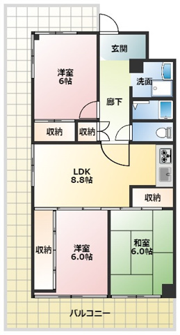 第2大岩ハイデンスの間取り|5階角部屋ならではの開放感。3室を備えたゆとりの間取りで、快適な暮らしを実現します。