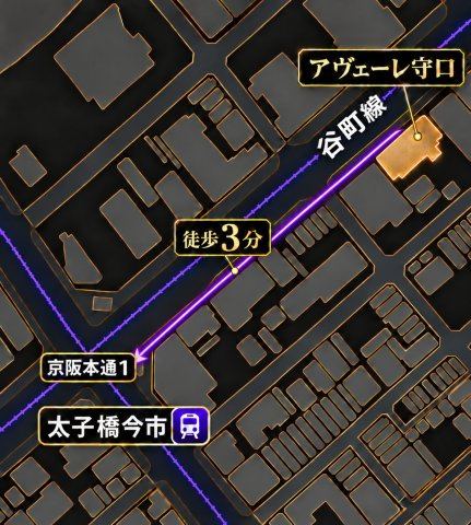 アヴェーレ守口の地図|駅徒歩3分、3線2駅使える利便性。通勤もお出かけも快適に。