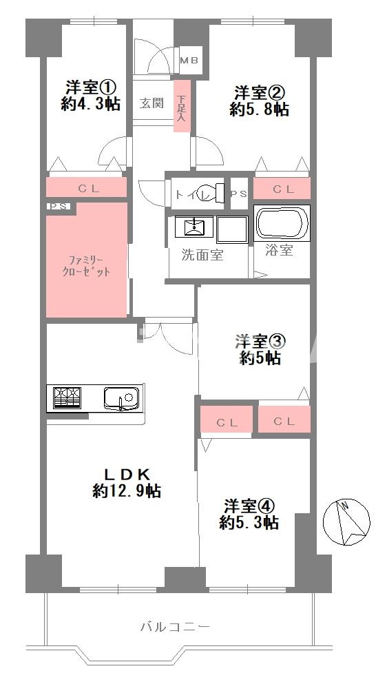 ベル・パークシティA棟の間取り|収納豊富な4LDK
