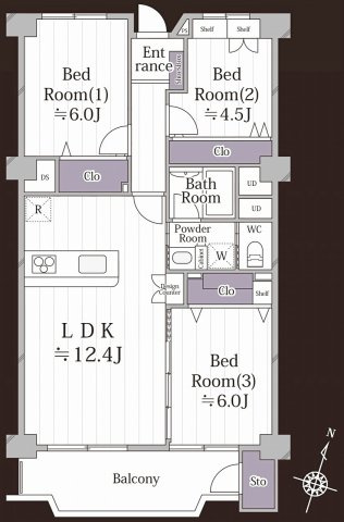 習志野台マンションの間取り|バルコニー面積8.73m2専有面積69.80㎡の使いやすい3LDKの間取りです。各居室にしっかりとした広さと収納が確保されており、生活動線に配慮されたレイアウトで家族皆様が快適にお過ごしいただけます。