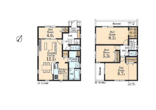 羽村市小作台５丁目の新築一戸建の間取り|【2号棟】4LDK　2階の居室2部屋が8帖以上です。1階にも4帖の部屋がついており、急な来客時にも重宝します。