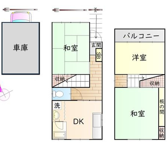 高野道車庫付き貸家の間取り