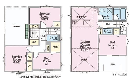 茅ヶ崎市下町屋２丁目　新築戸建　全5棟の間取り|南向き　２LDK+2S