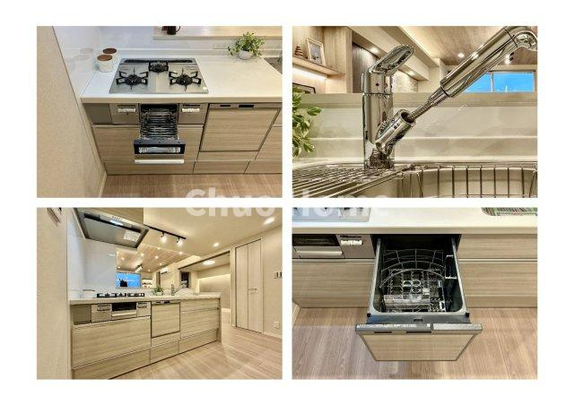ミサワホームズ三ノ輪のキッチン|【システムキッチン】ワイドで収納豊富な使い勝手の良いカウンターキッチンには、食洗器・伸縮タイプのキッチン水栓、三ツ口コンロ・魚焼きグリルなどの便利な設備が標準完備されています。