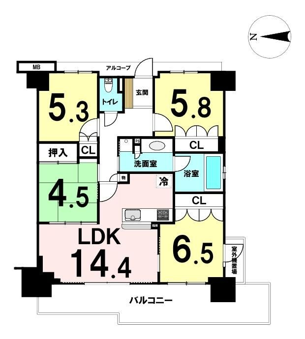 サンクタス鶴見緑地パークアドレスの間取り|中古マンション　4LDK　専有面積：80.59㎡（壁芯）　バルコニー面積：18.40㎡　西向き