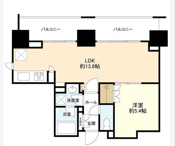 スタイリオ蒲田の間取り|北向きバルコニー北西角部屋の1LDK