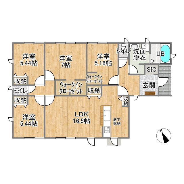 売中古戸建　中央区遠州浜二丁目の間取り|4LDKの間取り。平屋でありながら部屋数は十分。トイレも2か所あり。