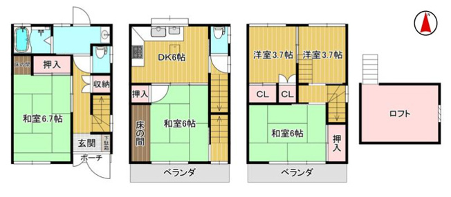 【間取り】 | 平野区瓜破西2丁目 | 【現況5DK＋ロフト付き】ハウスクリーニング済み☆トイレ2ヶ所♪