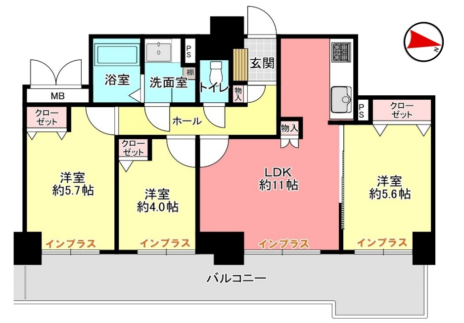 サンフィール大宮宮原の間取り|サンフィール大宮宮原・3LDK・専有面積60.84m2・バルコニー面積16.82m2