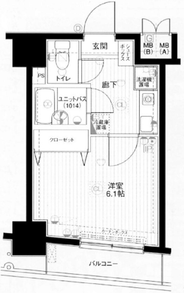 メインステージ蒲田Ⅱの間取り|南向きバルコニーの1K洋室6.1帖バストイレ別！