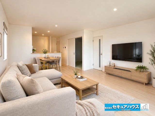 【本日ご案内可能】知立市弘法町　全2棟の居間・リビング|【リビングに家具を配置したイメージ図　1号棟】
◆シンプルなデザインのため好きなテイストの空間をつくることができます、
◆充分な広さがあるためダイニングテーブルや大きなソファを配置することも可能です。