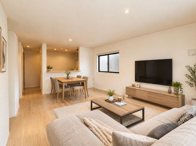 【本日ご案内可能】知立市弘法町　全2棟の居間・リビング|【LDKに家具を配置したイメージ図】
◆16.2帖の広さがあるためダイニングテーブルや大きなソファを配置することが出来ます。
◆シンプルなデザインのため好きなテイストの空間をつくることができます。　　