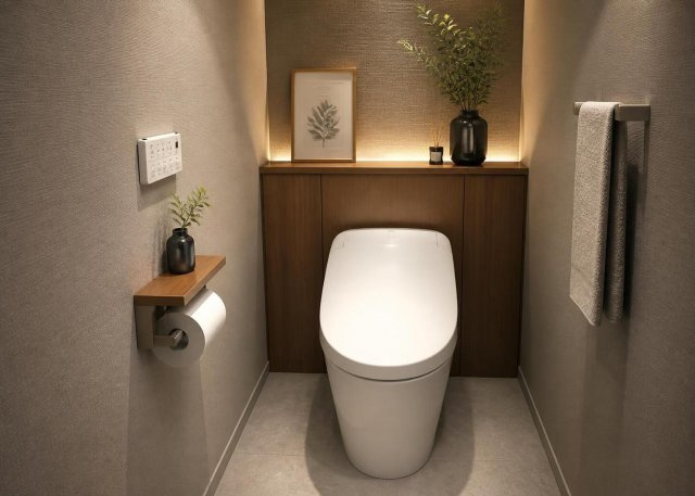 【トイレ】 | １階と２階の２箇所に温水洗浄便座付きトイレを設置しています。朝のラッシュ時も混雑せずに快適に使用でき、お客様が来訪された際も便利です。小窓から自然光が差し込み明るく衛生的な空間が保たれていますよ。