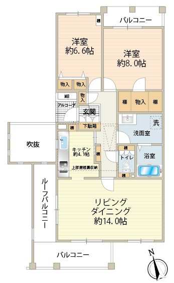 専有面積：83.6㎡の２LDK、バルコニー合計面積：18.65㎡、屋根裏収納約5.5帖有り
隣接住戸が離れており、独立性の高い間取りです