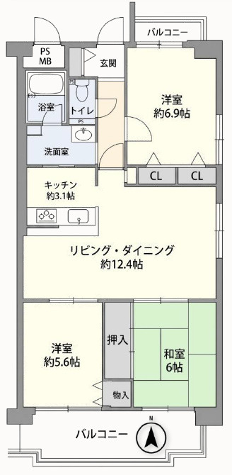 西宮東パークマンションの間取り|南東角部屋×3面採光で陽当たり・通風良好です！